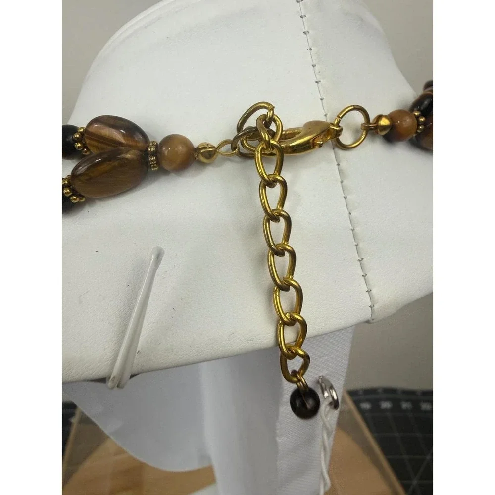 Tigers Eye Beaded Necklace Stone Double Strand Gold Tone Earthy Bohemian